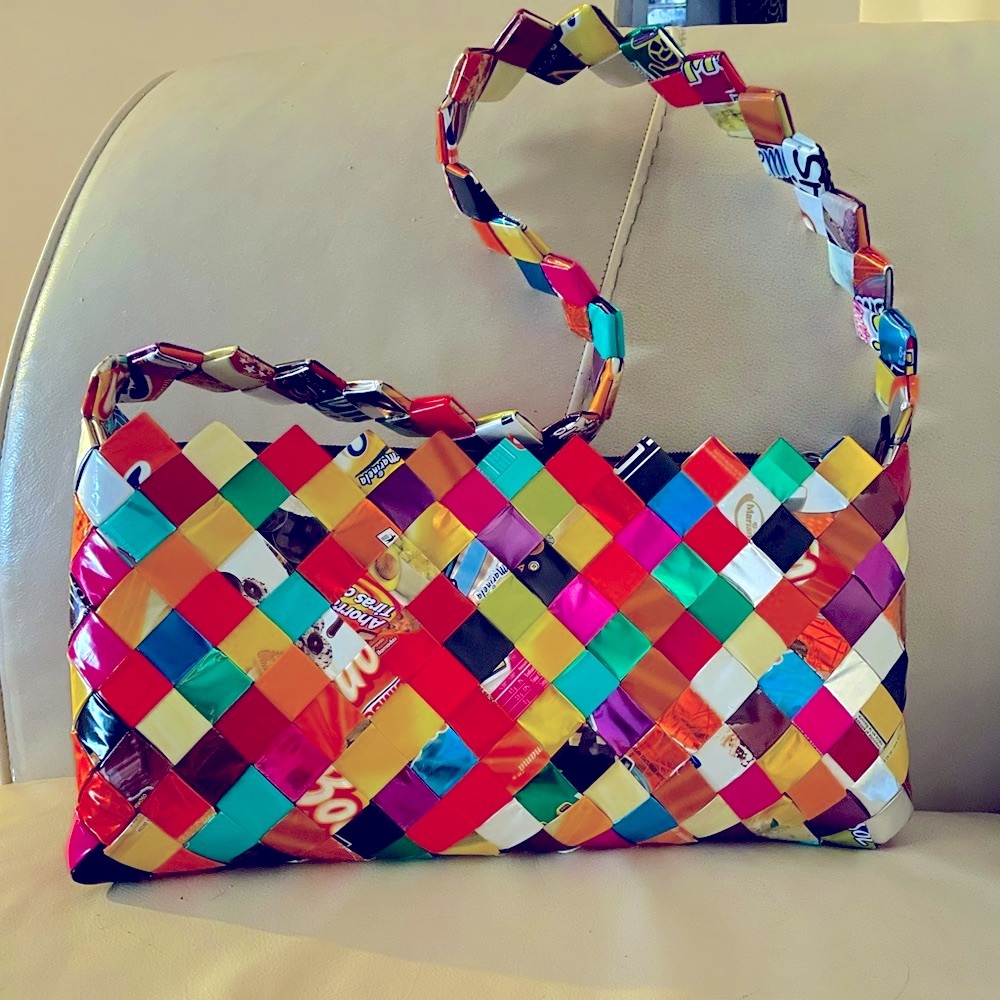 Bright Eco Friendly Recycled Multicoloured Wrapper Weave Bag .